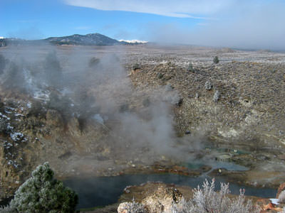 Steam rising from Hot Creek hot spring, near Mammoth